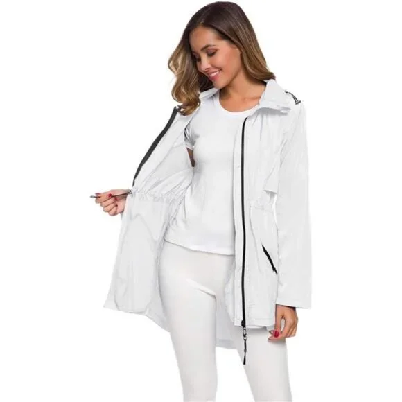 Women's Long Raincoat with Hood Lightweight Windbreaker Rain Jacket Waterproof - Picture 3 of 6